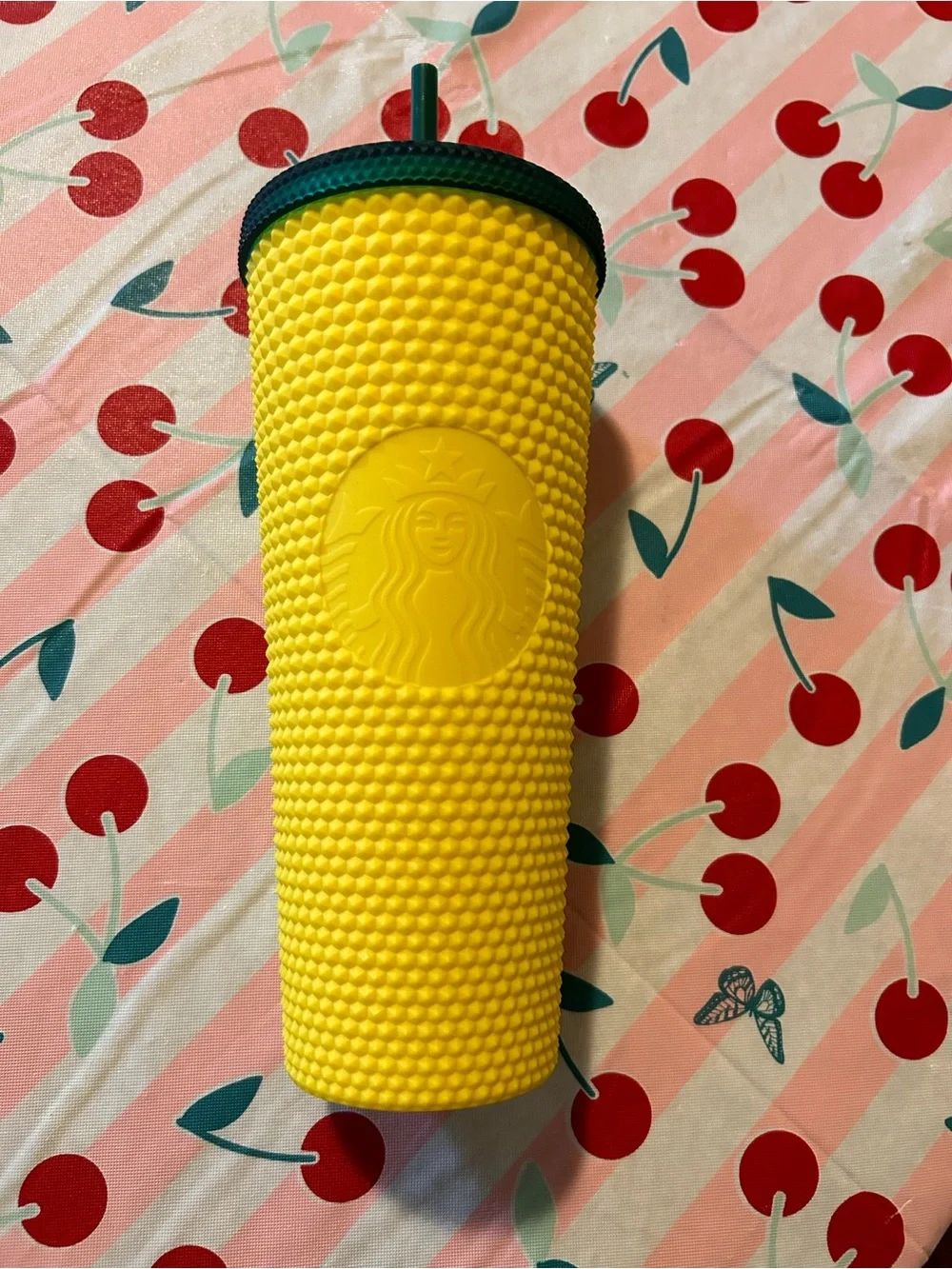 Hawaii edition Starbucks Yellow Studded Tumbler with Dark Green Lid and Straw